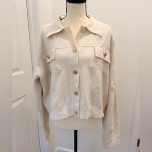 Cream Button-Front Cropped Jacket Sweater with Floral Embroidery